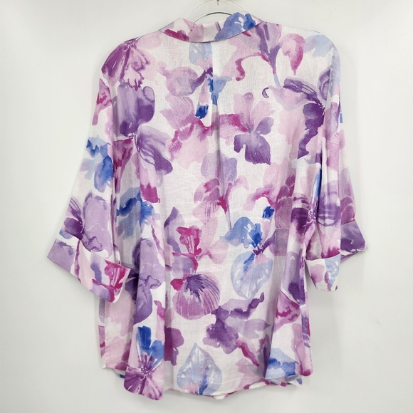 Chicos 2.5 Linen Button Front Shirt 3/4 Sleeve Womens Size 14 White Purple Blue - Picture 6 of 6